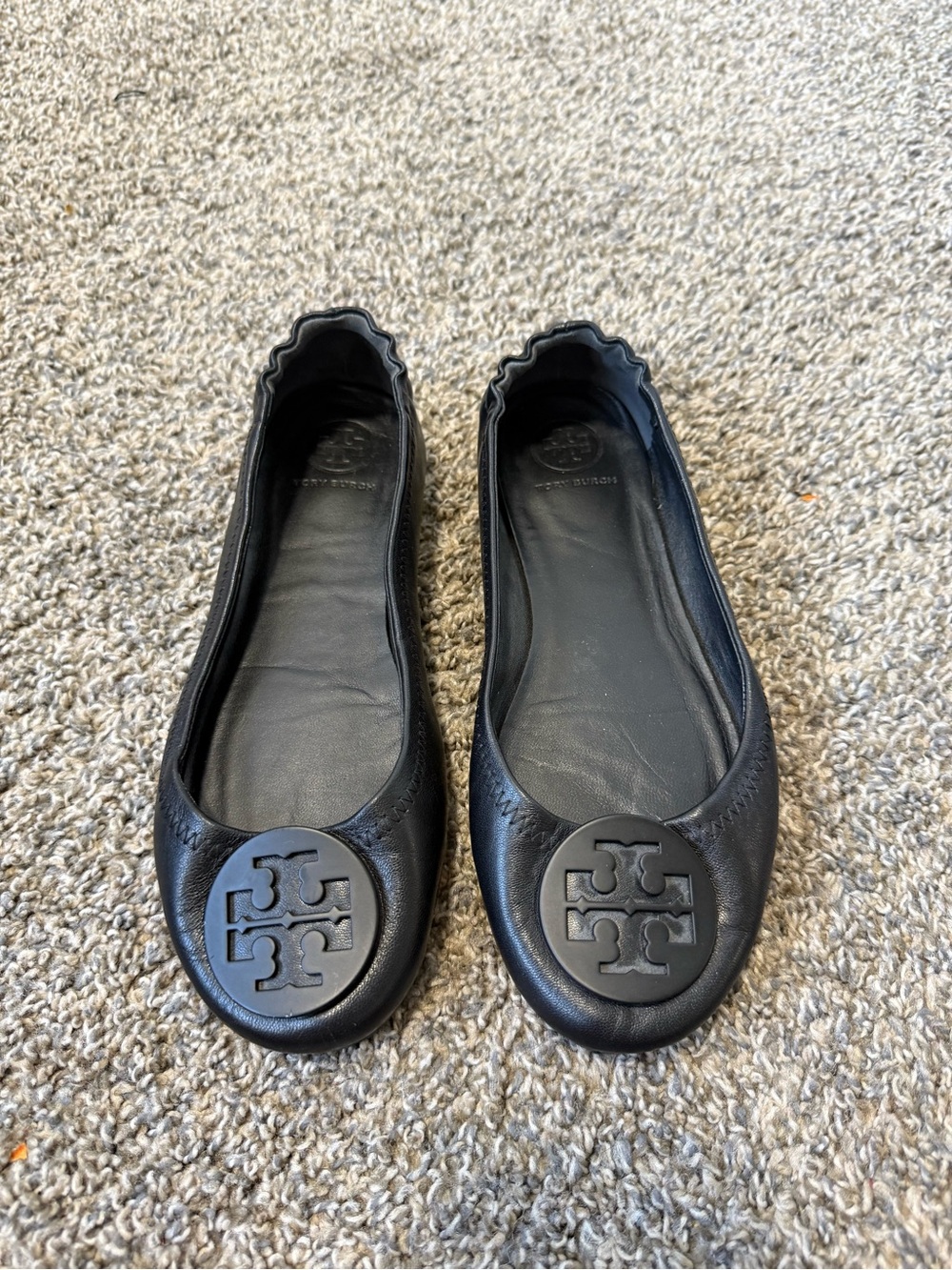 Tory Burch Black Leather Logo Round-Toe Ballet Flats
